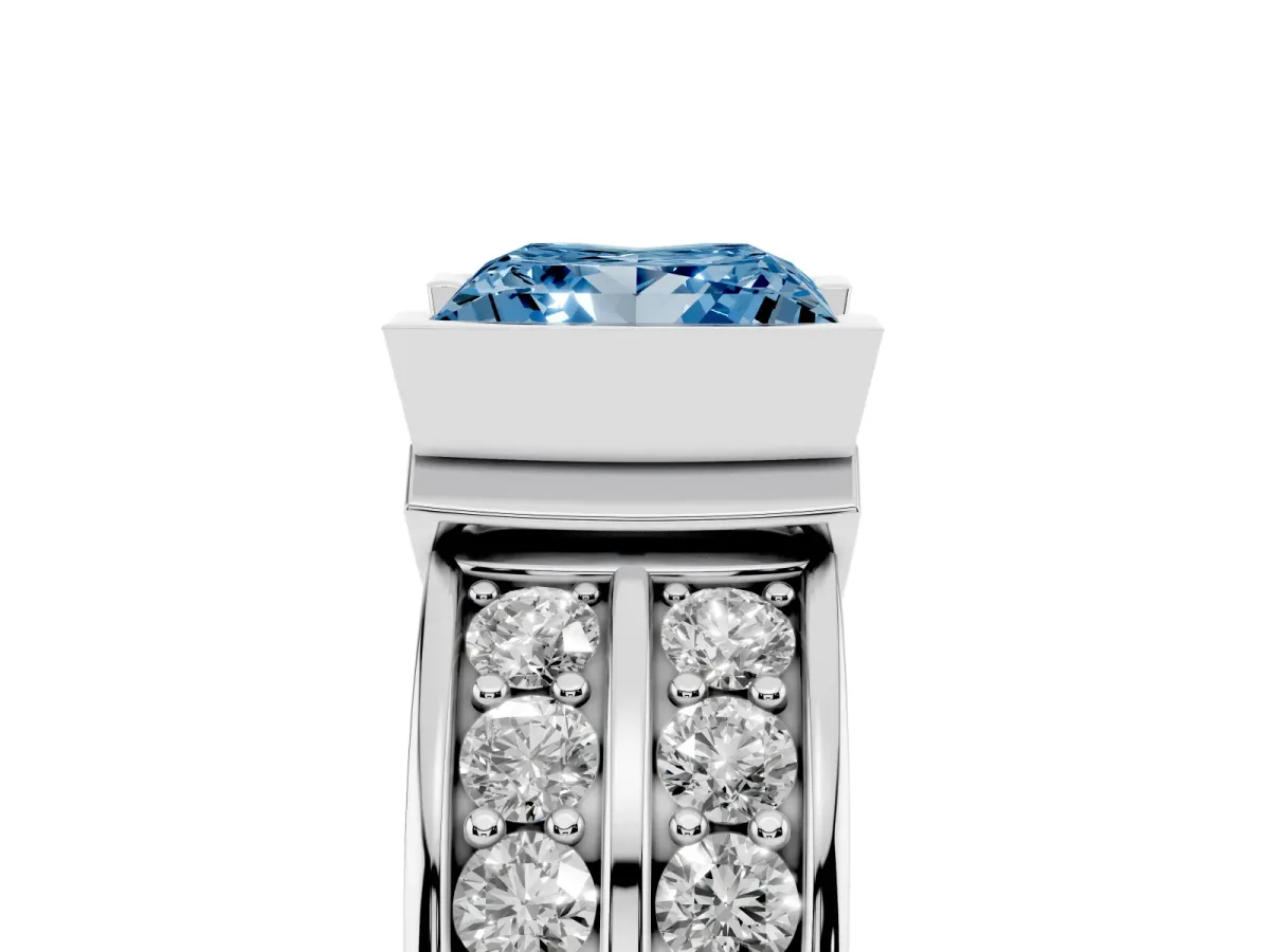 Fancy Blue Princess Cut Brilliant Diamond Channel Set Wide Band Ring with Bezel Setting White gold