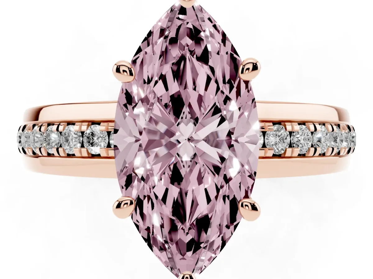 Fancy Pink Marquise Cut Solitaire Diamond Ring with Channel Set Band and Six-Prong Setting Rose gold