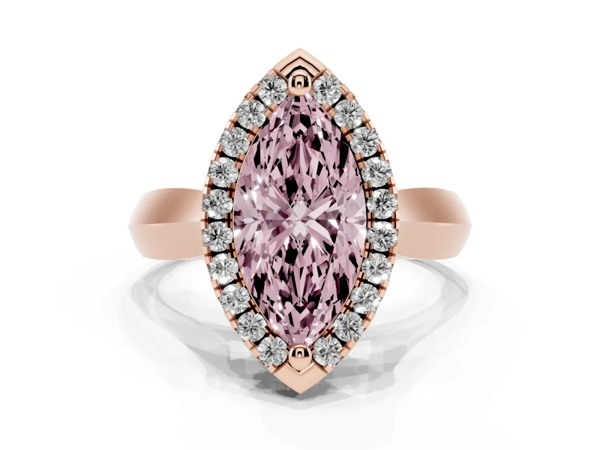 Fancy Pink Marquise Cut Cut Halo Solitaire Engagement Ring with Square Band and Four-Prong Setting Rose gold