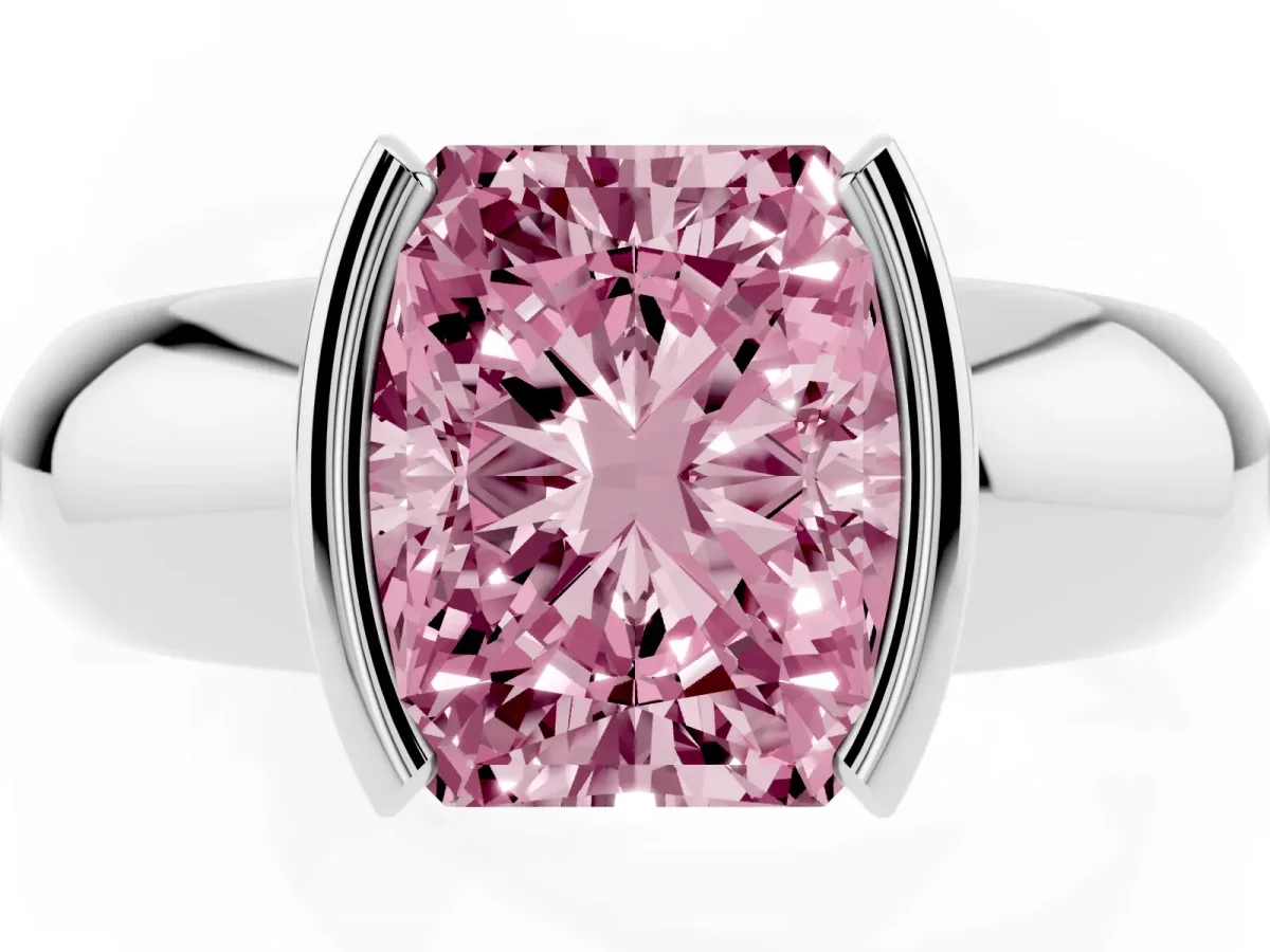 Fancy Pink Radiant Cut Solitaire Tension Set Diamond Ring with Wide Band Silver