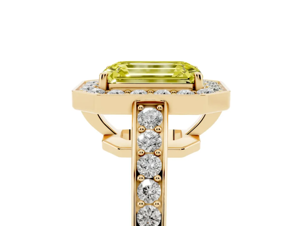 Fancy Yellow Emerald Cut Halo Pavé Diamond Engagement Ring with Bezel Setting Yellow gold