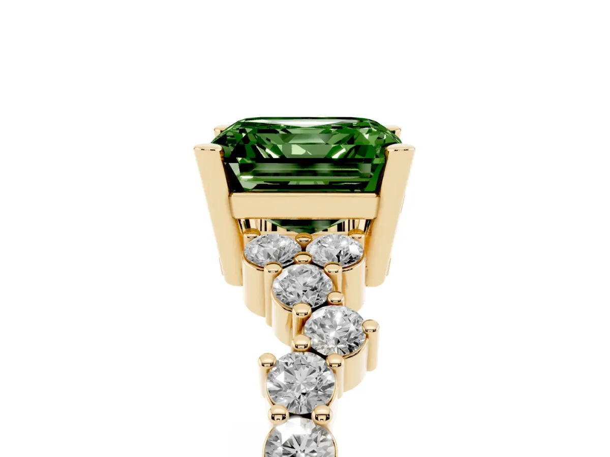 Fancy Green Asscher Cut Diamond Scattered Round Accent Ring with Prong Setting Yellow gold