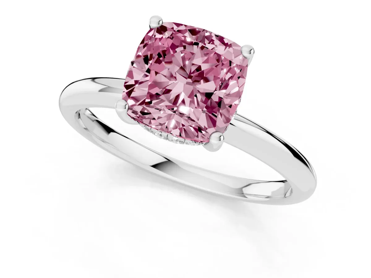 Fancy Pink Cushion Cut Cut Solitaire Engagement Ring with Four-Prong Setting and Classic Band Silver
