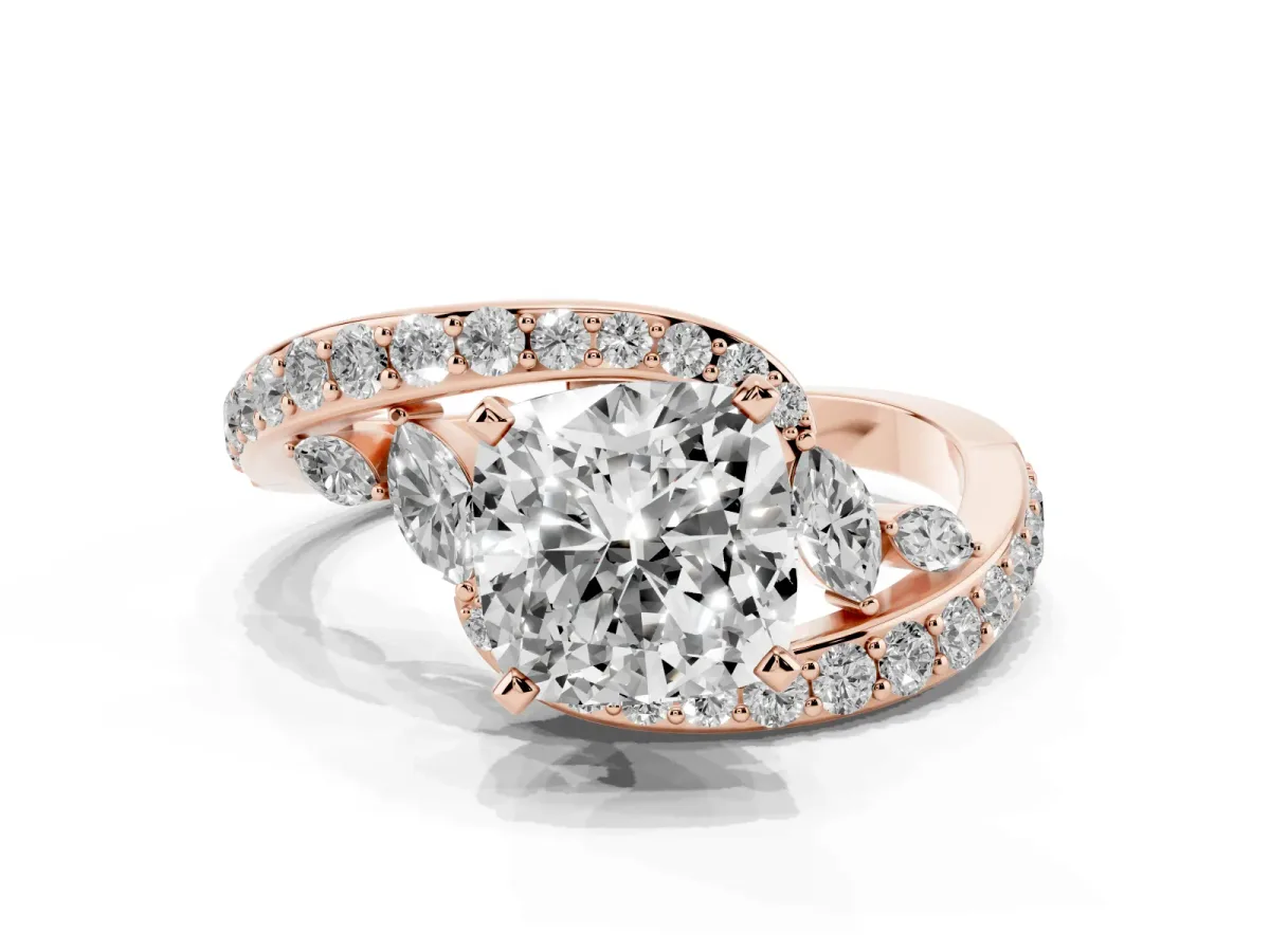 Cushion Cut Diamond Solitaire Ring with Filigree Band and Four-Prong Setting Rose gold