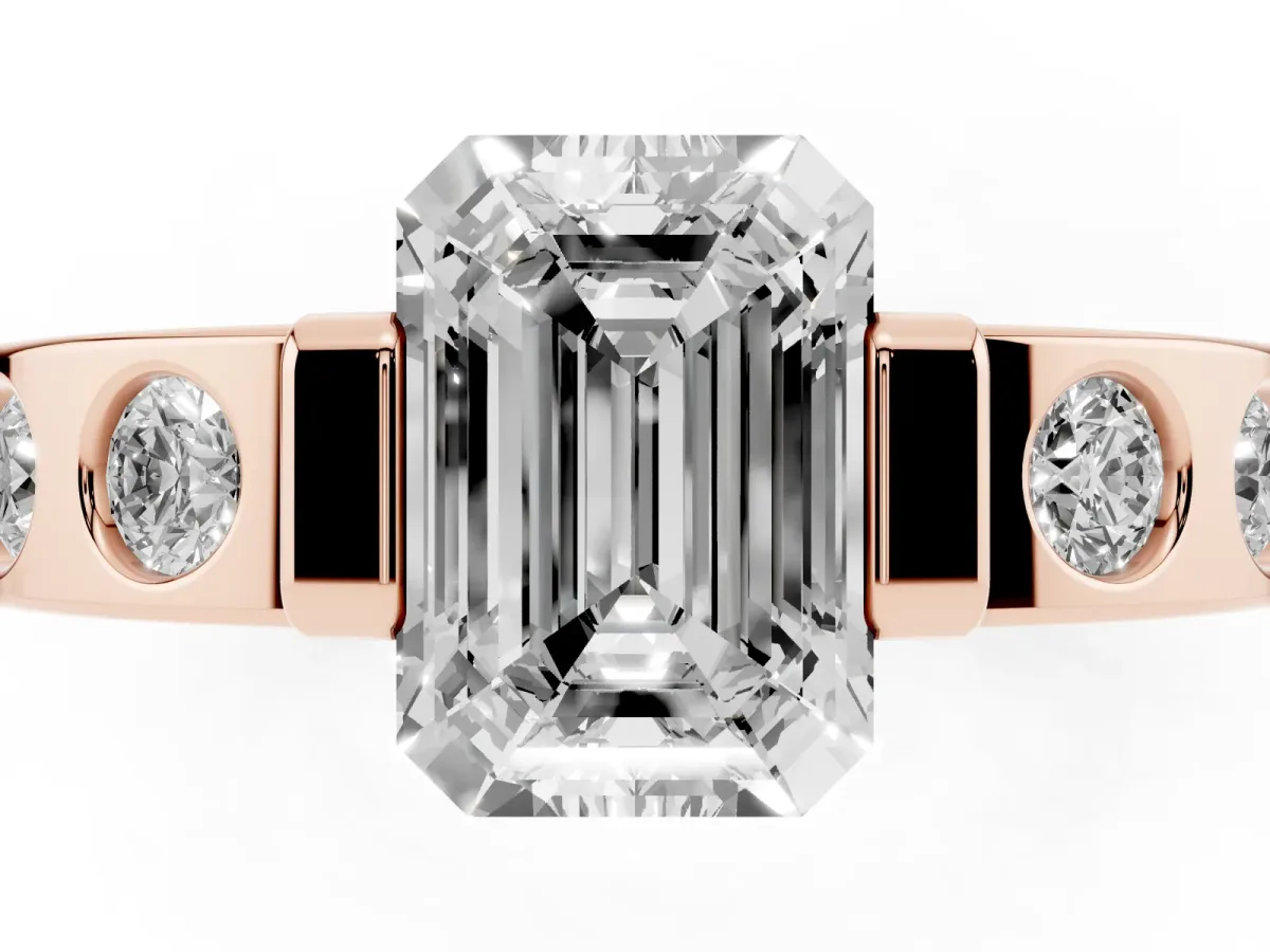 Emerald Cut Brilliant Channel-Set Diamond Ring with Bezel Prong Setting Rose gold