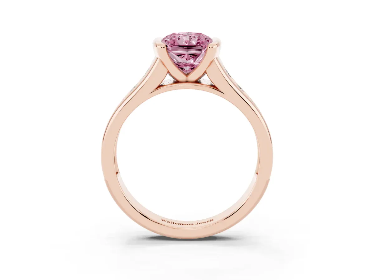 Fancy Pink Radiant Cut Solitaire Bezel-Set Diamond Ring with Channel-Set Band Rose gold