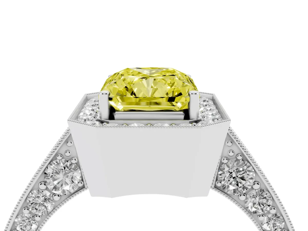 Fancy Yellow Radiant Cut Halo Diamond Engagement Ring with Split Shank Band and Four-Prong Setting Silver