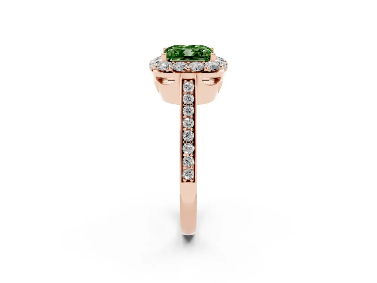 Fancy Green Princess Cut Diamond Floral Halo Ring with Pavé Band and Prong Setting Rose gold