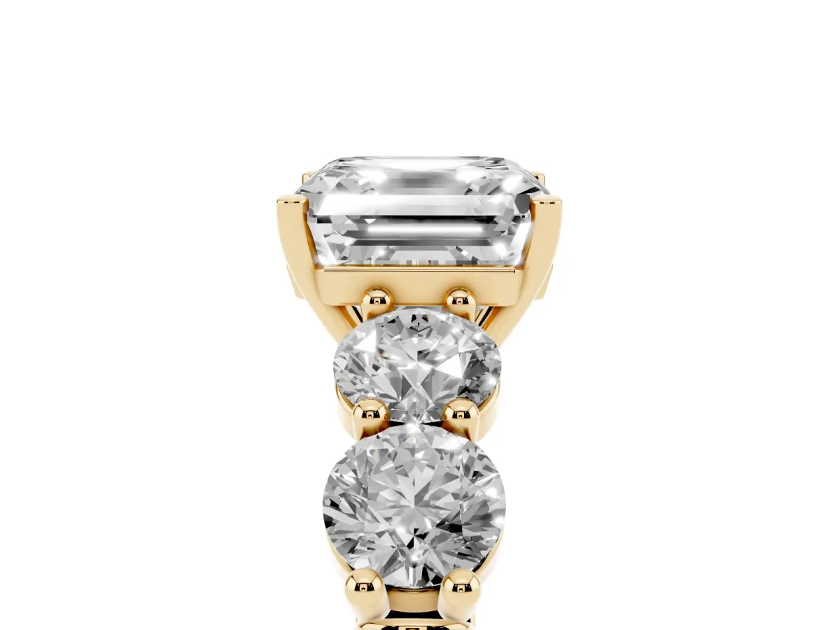 Asscher Cut Cut Five-Stone Prong Set Diamond Ring with Classic Band Yellow gold