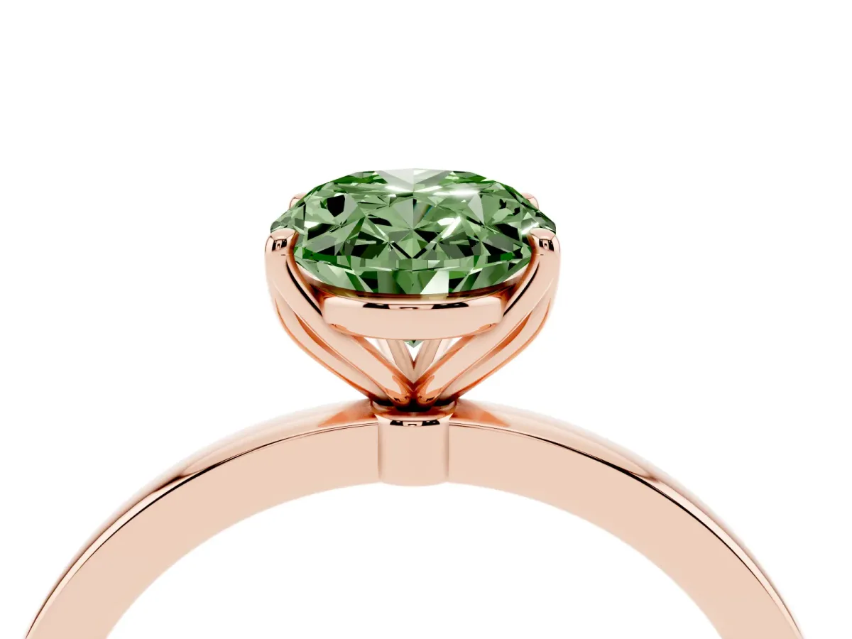 Fancy Green Oval Cut Diamond Solitaire Ring with Thin Band and Prong Setting Rose gold