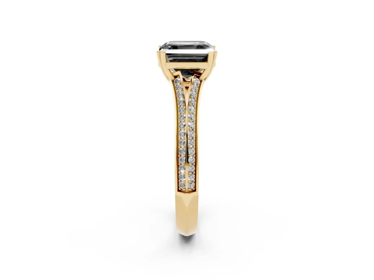 Fancy Black Asscher Cut Diamond Split Shank Engagement Ring with Pavé Band Yellow gold