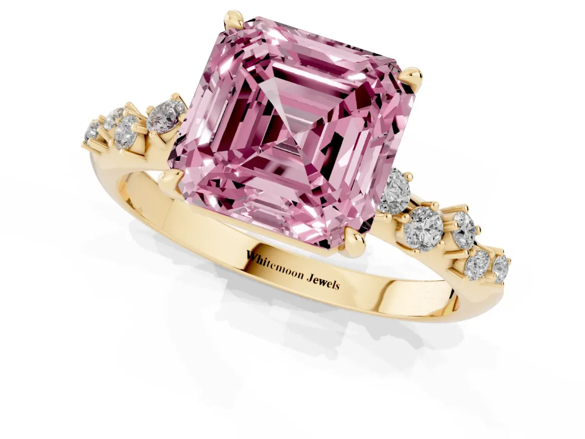 Fancy Pink Asscher Cut Diamond Cluster Side Stone Solitaire Ring with Prong Setting Yellow gold
