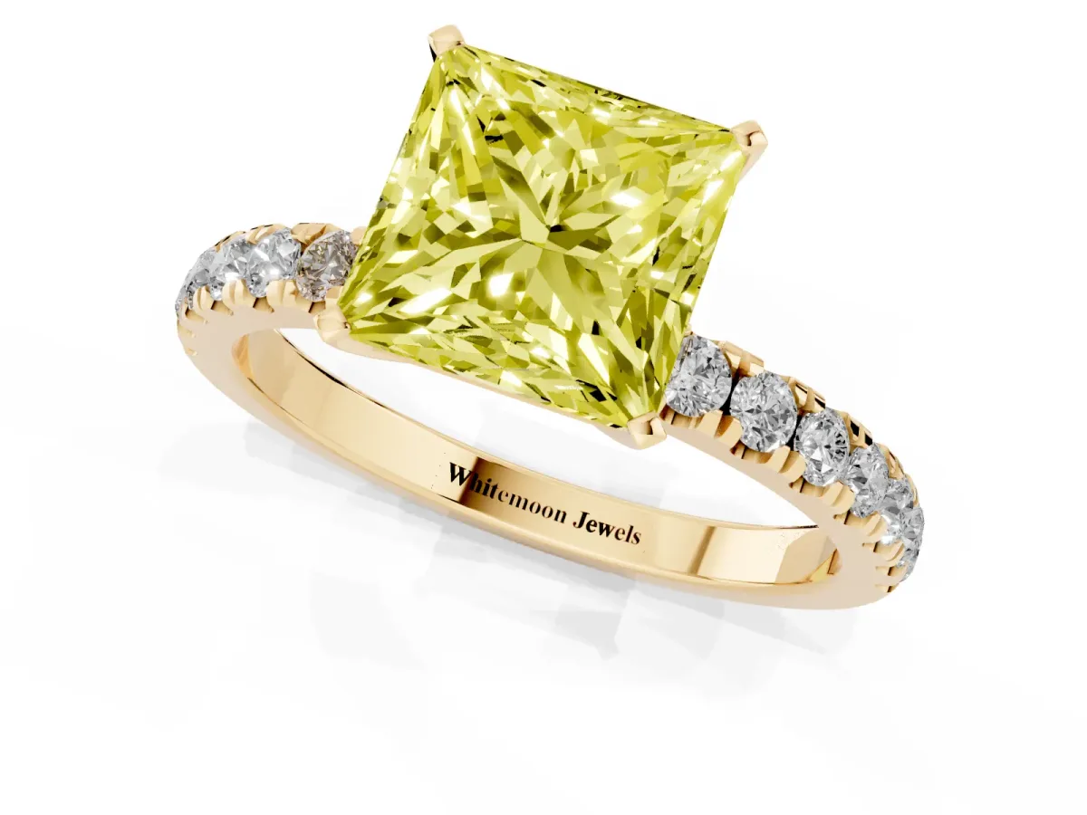 Fancy Yellow Princess Cut Diamond Solitaire Ring with Pavé Accents and Four-Prong Setting Yellow gold