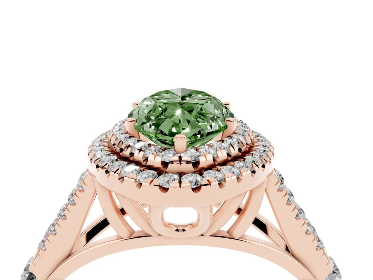 Fancy Green Marquise Cut Diamond Pavé Split Shank Double Halo Engagement Ring Rose gold