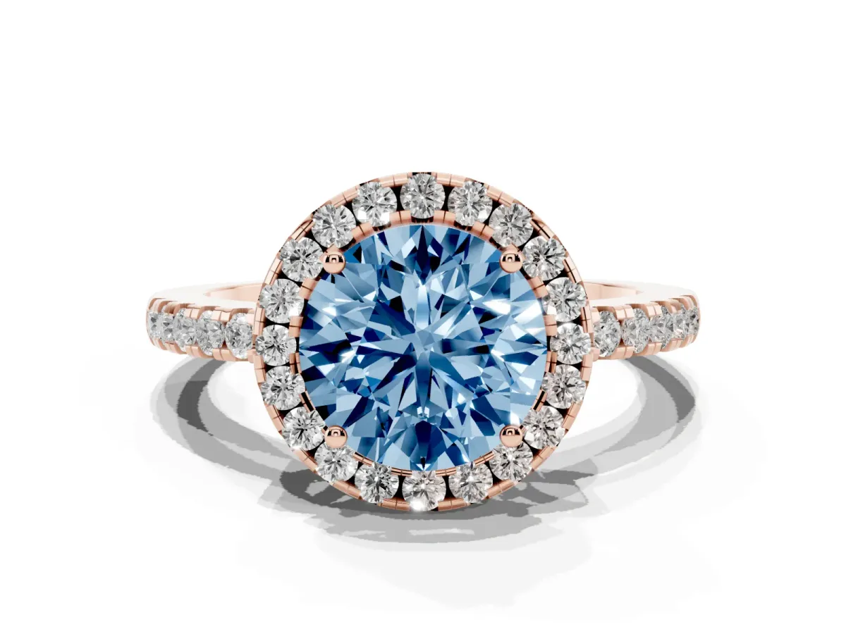 Fancy Blue Round Cut Halo Diamond Engagement Ring with Pavé Band and Four-Prong Setting Rose gold