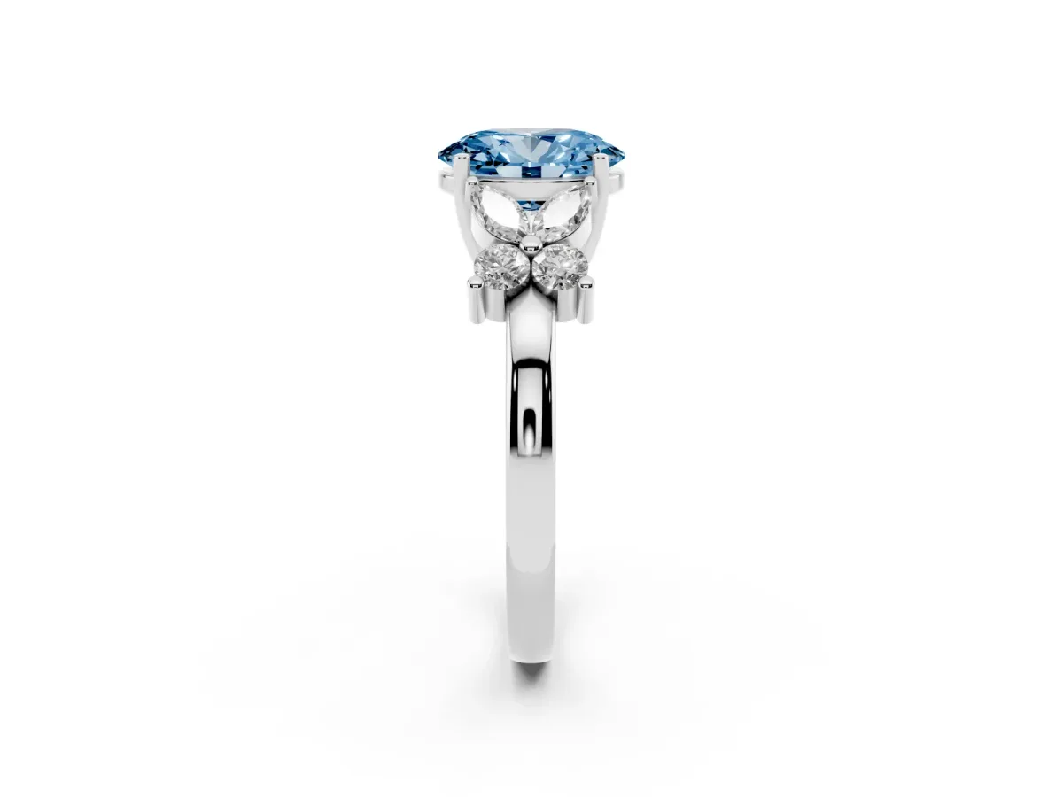 Fancy Blue Oval Cut Diamond Floral Cluster Ring with Solitaire Band and Prong Setting Silver