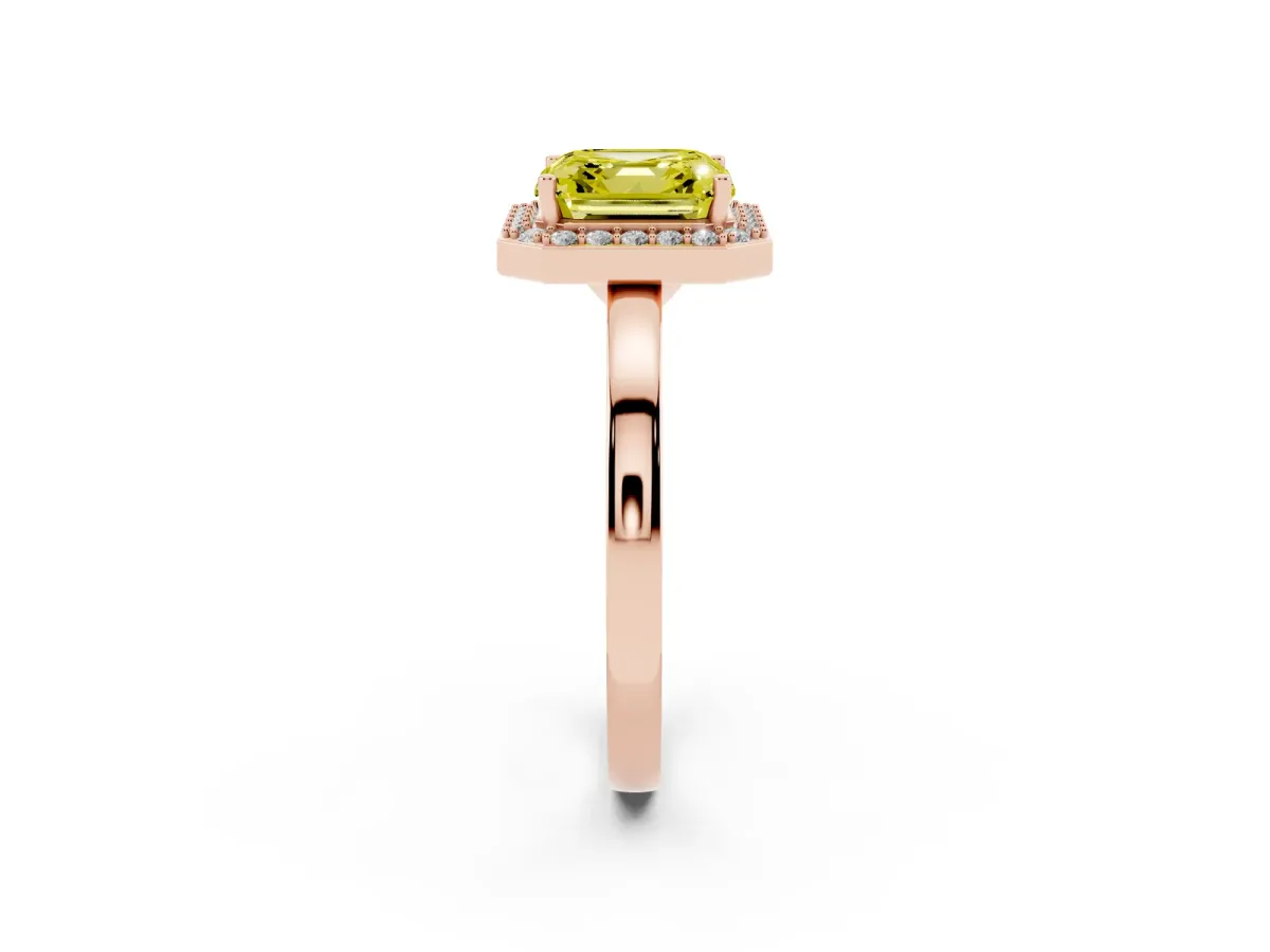 Fancy Yellow Asscher Cut Halo Diamond Ring with Solitaire Band and Prong Setting Rose gold