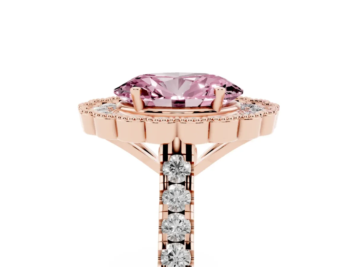 Fancy Pink Oval Cut Cut Diamond Milgrain Floral Halo Engagement Ring with Pavé Band Rose gold