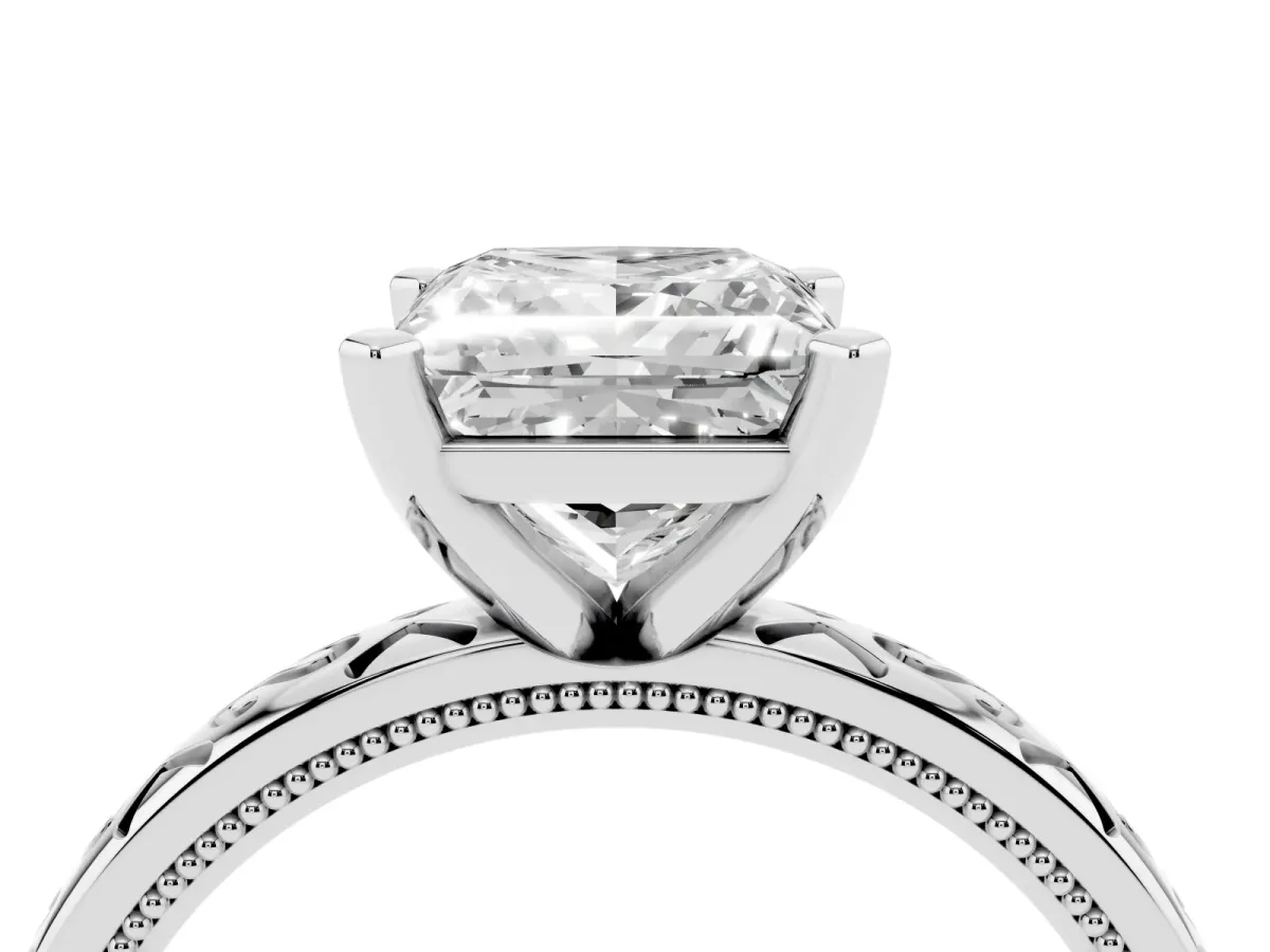 Princess Cut Solitaire Engagement Ring with Scrollwork Band and Four-Prong Setting Silver