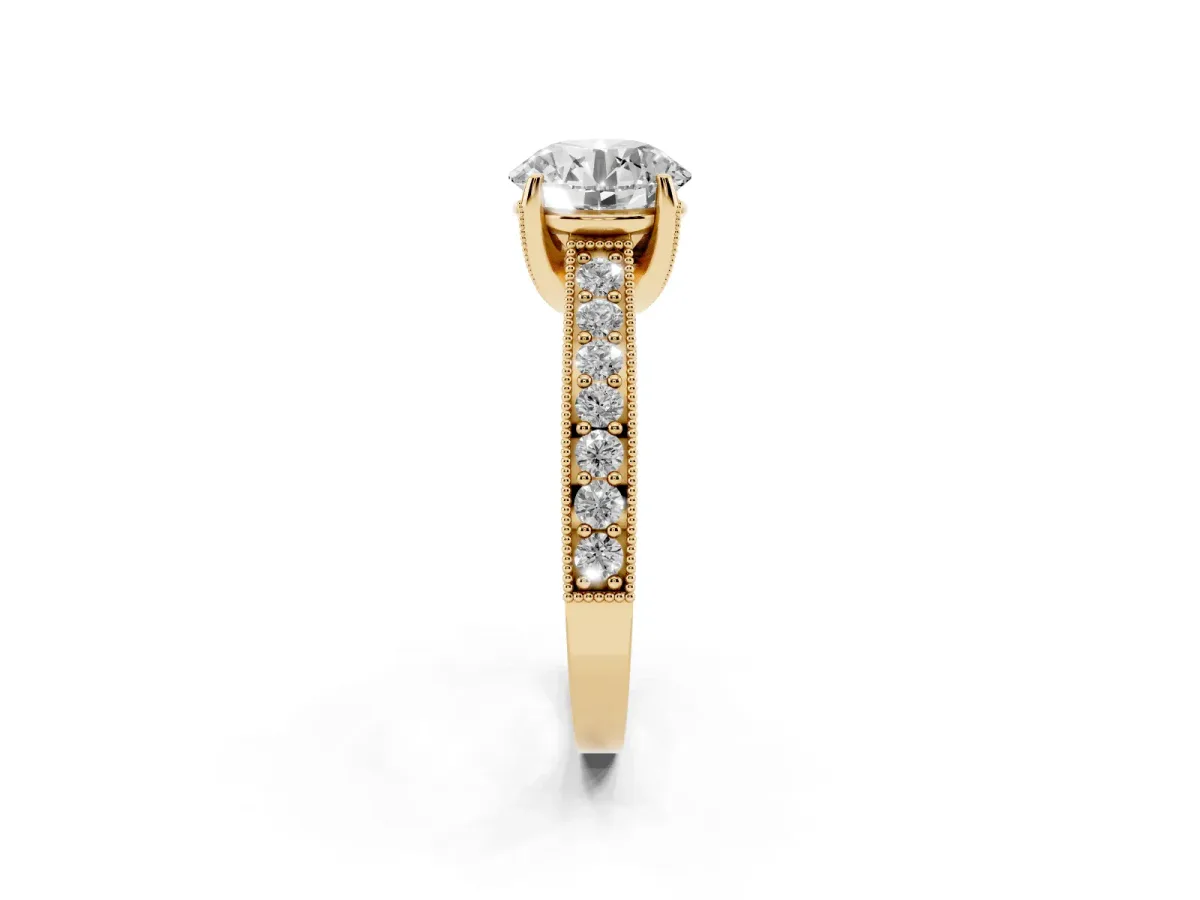 Round Cut Cut Diamond Solitaire Ring with Milgrain Pave Band and Four Prong Setting Yellow gold