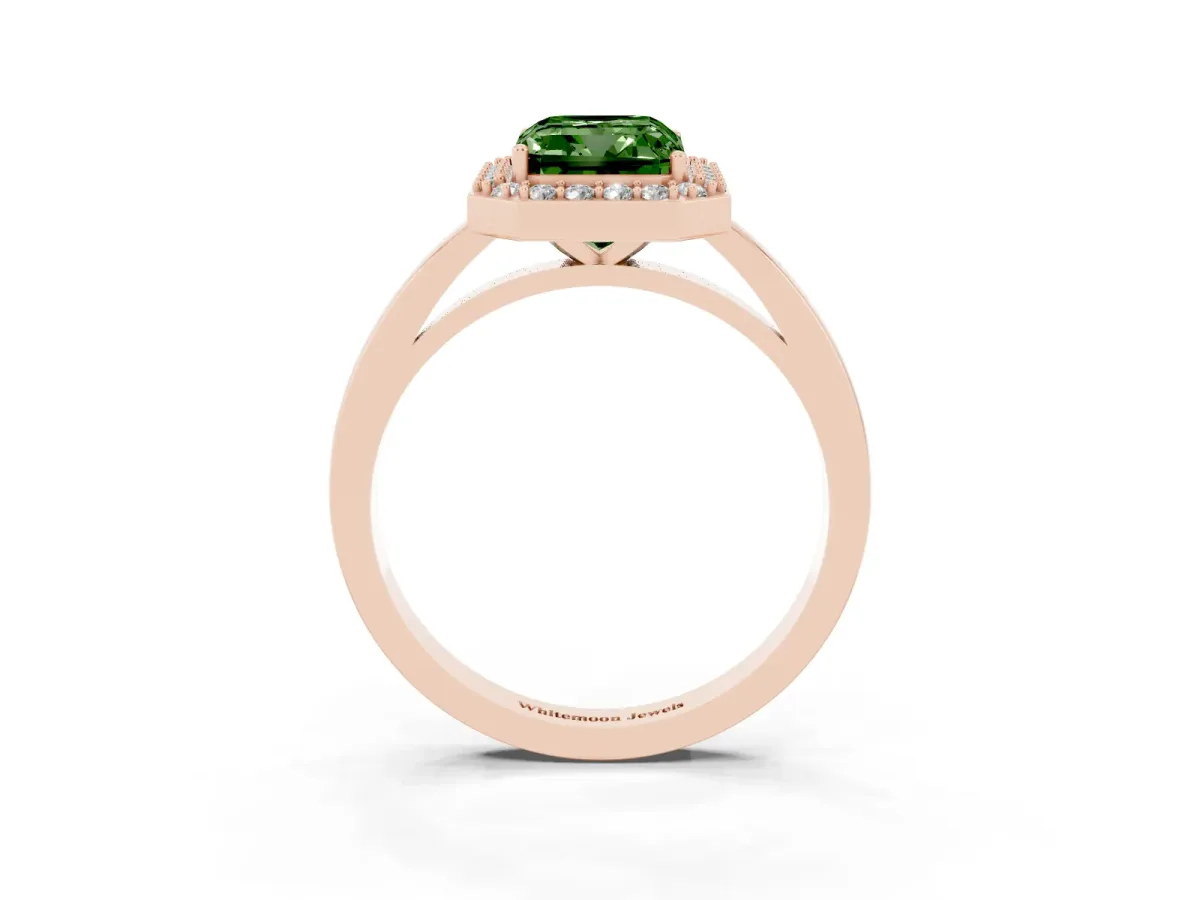 Fancy Green Radiant Cut Halo Diamond Ring with Solitaire Band and Prong Setting Rose gold