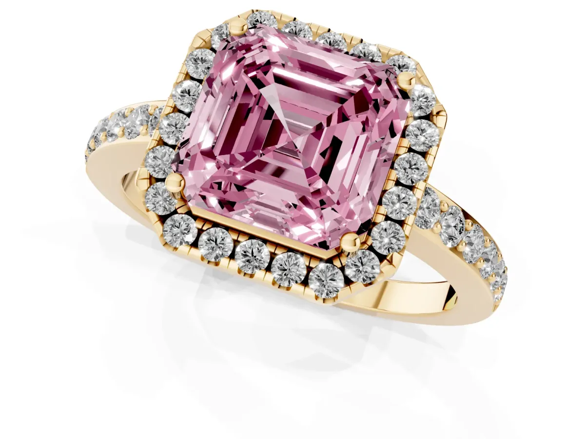 Fancy Pink Asscher Cut Halo Diamond Pavé Band Ring with Prong Setting Yellow gold