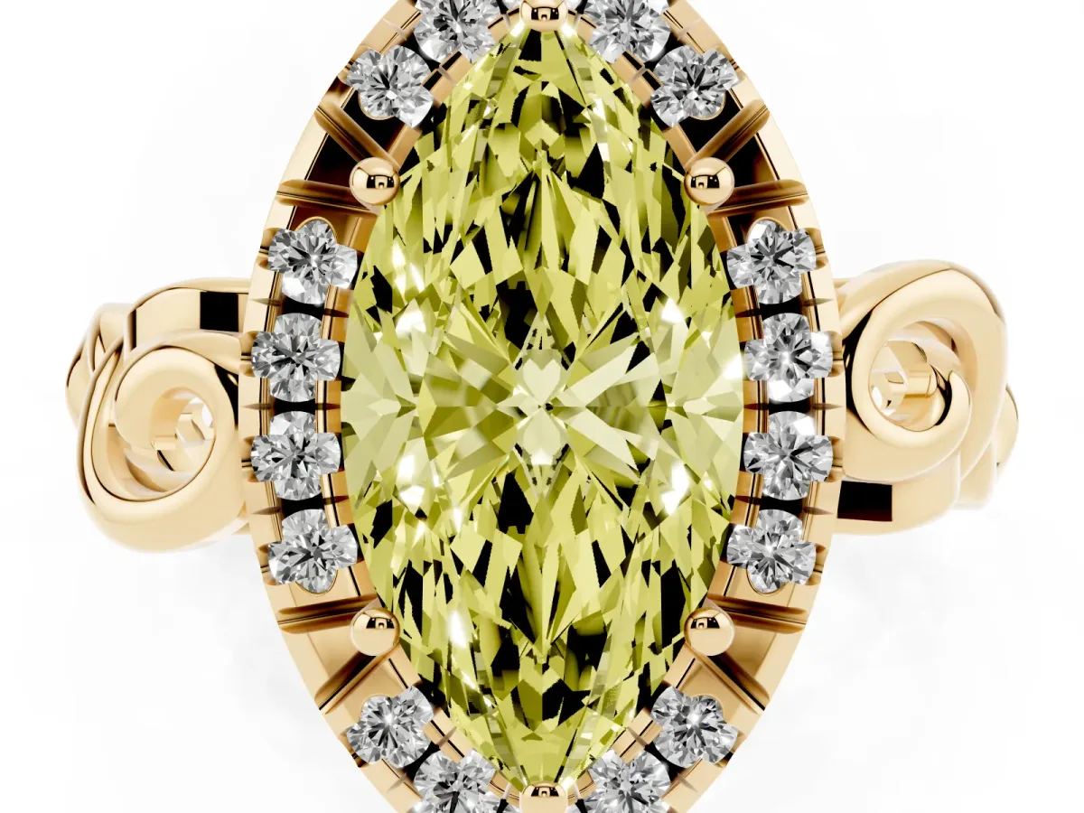 Fancy Yellow Marquise Cut Cut Halo Diamond Ring with Scrollwork Band and Four-Prong Setting Yellow gold