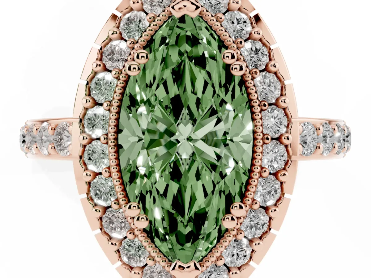 Fancy Green Marquise Cut Diamond Halo Ring with Pavé Band and Prong Setting Rose gold