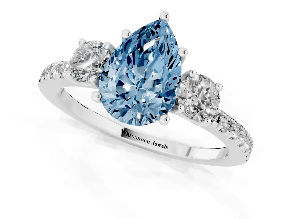 Fancy Blue Three-Stone Pear Cut Cut Diamond Pavé Band with Prong Setting Silver