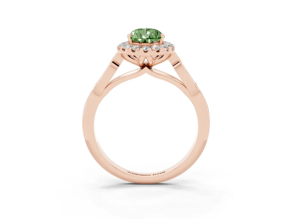Fancy Green Pear Cut Halo Diamond Engagement Ring with Filigree Band and Four-Prong Setting Rose gold
