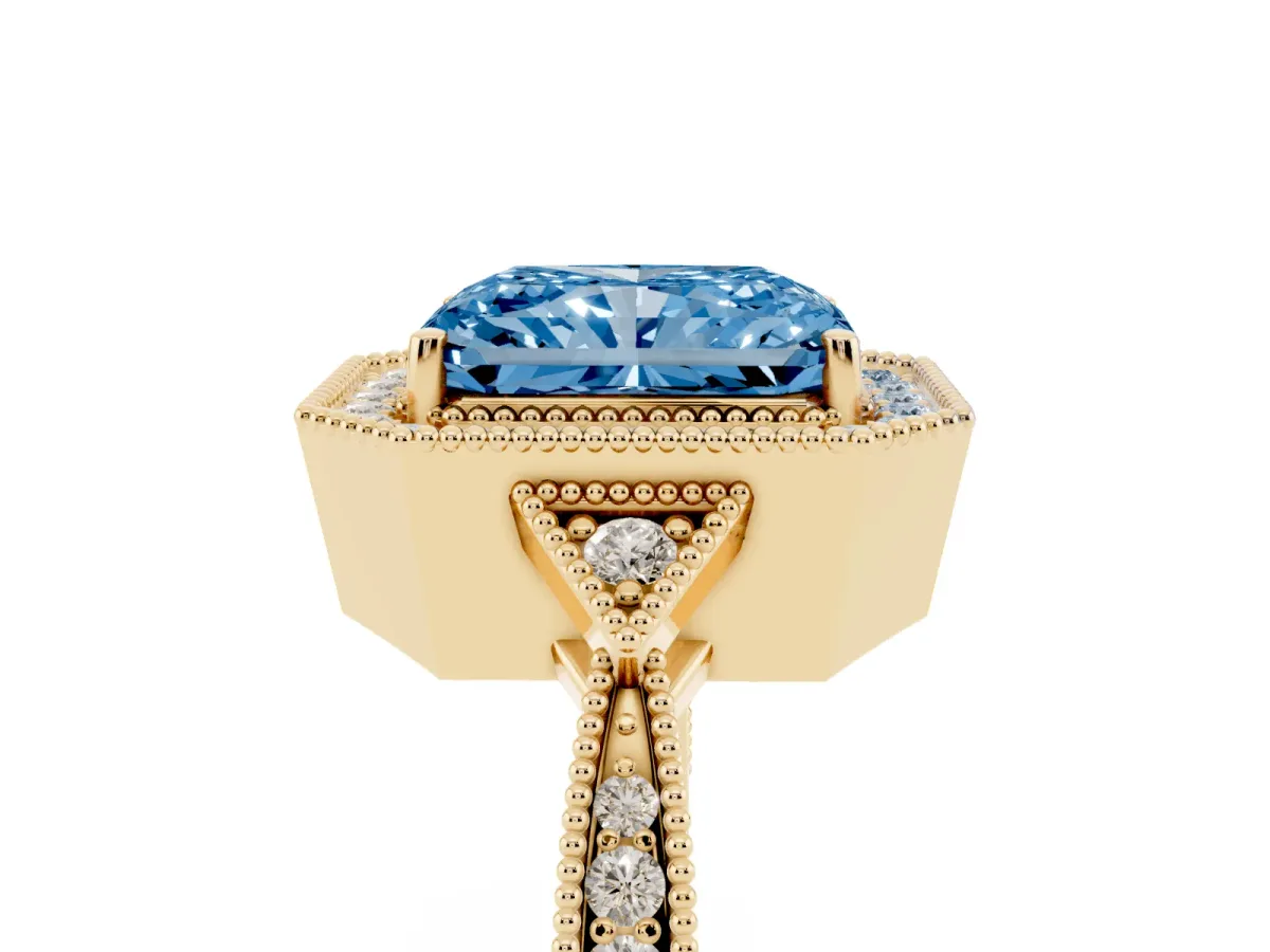Fancy Blue Radiant Cut Halo Round Diamond Milgrain Pave Engagement Ring Yellow gold