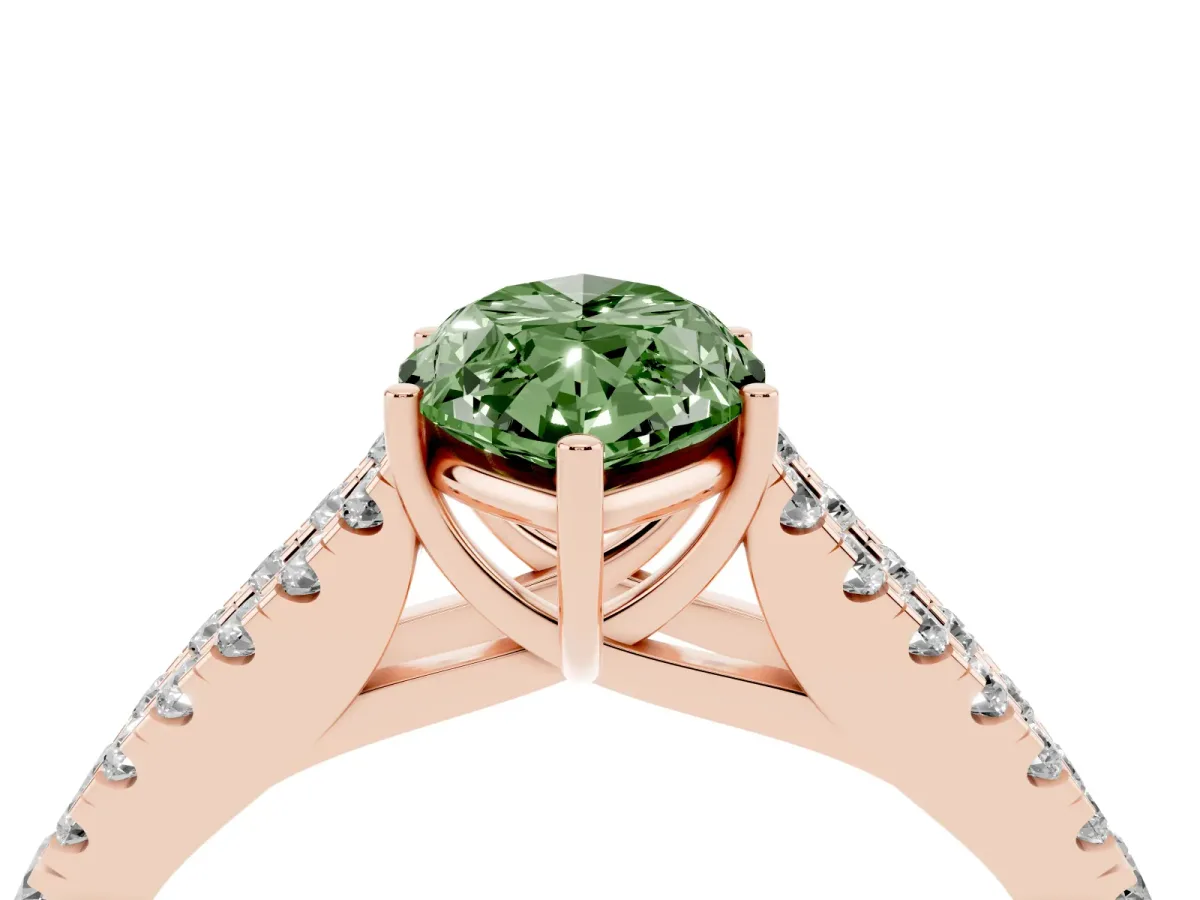 Fancy Green Marquise Cut Diamond Split Shank Engagement Ring with Round Pavé and Prong Setting Rose gold