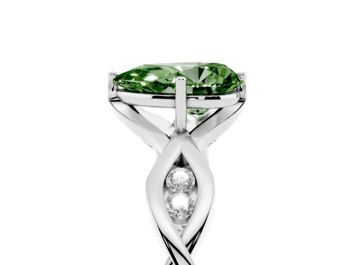 Fancy Green Pear Cut Solitaire Twist Band with Leaf Prong Setting White gold
