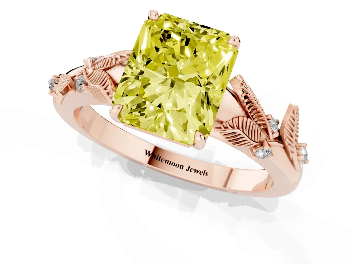 Fancy Yellow Radiant Cut Diamond Solitaire Ring with Leaf Motif Band and Four-Prong Setting Rose gold