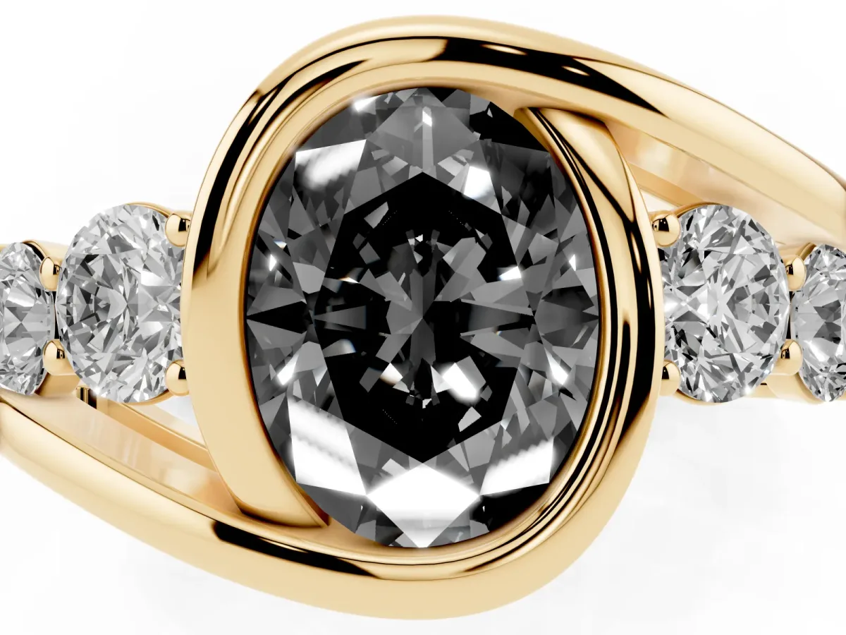 Fancy Black Bezel Set Oval Cut Diamond Bypass Ring with Round Accents Yellow gold