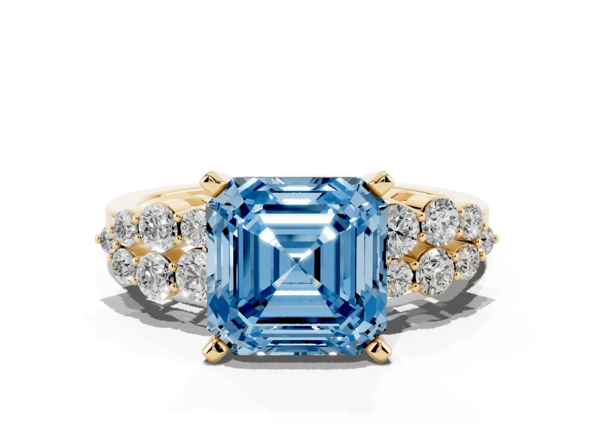 Fancy Blue Asscher Cut Cluster Diamond Engagement Ring with Pavé Band and Four-Prong Setting Yellow gold