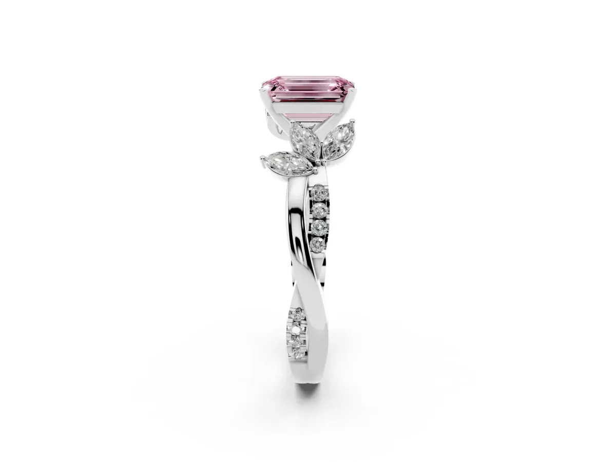 Fancy Pink Emerald Cut Diamond Floral Vine Solitaire Engagement Ring Silver
