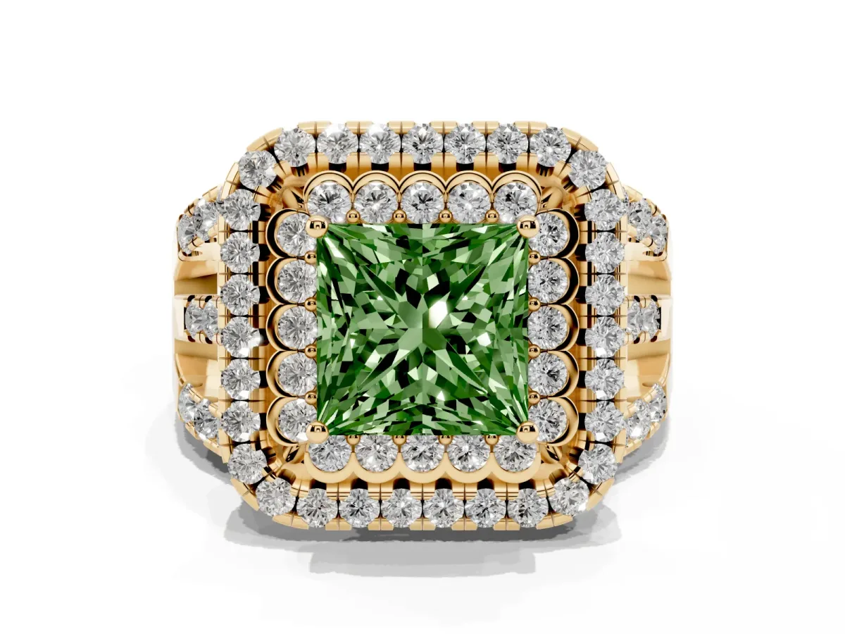 Fancy Green Princess Cut Diamond Double Halo Ring with Round Pavé Split Shank and Prong Setting Yellow gold