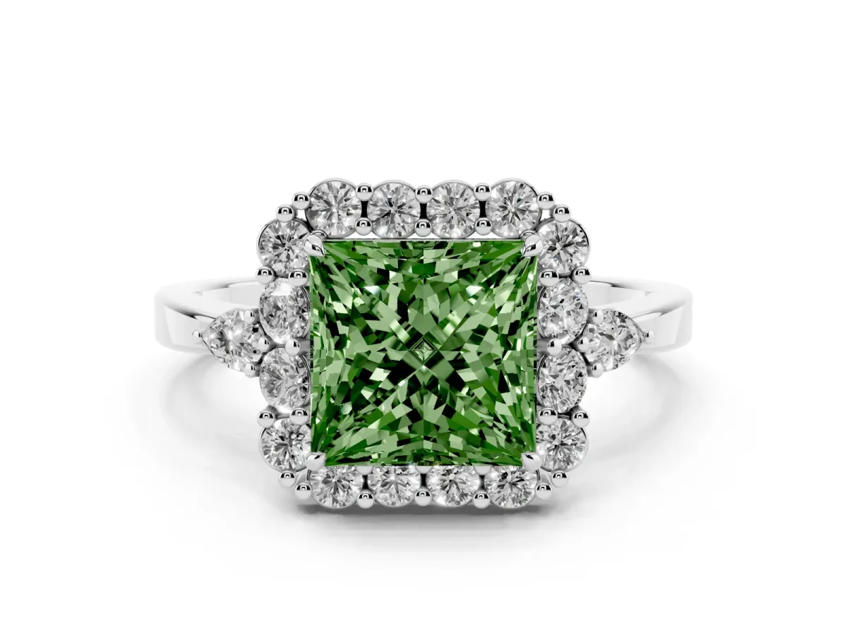 Fancy Green Princess Cut Diamond Halo Ring with Pear Side Stones and Prong Setting Silver