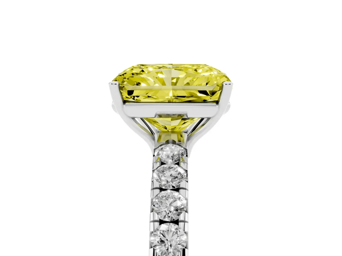 Fancy Yellow Radiant Cut Diamond Pavé Solitaire Engagement Ring with Four-Prong Setting Silver