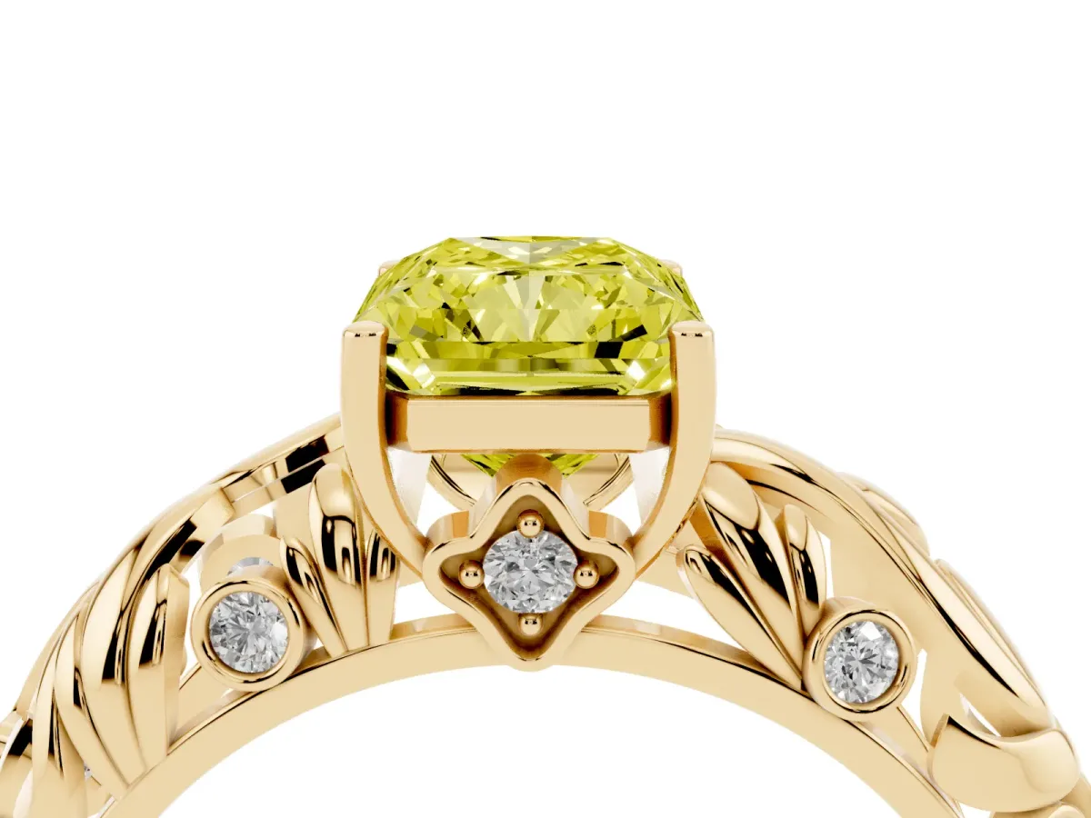 Fancy Yellow Radiant Cut Solitaire Diamond Leaf-Inspired Vine Band Ring with Prong Setting Yellow gold