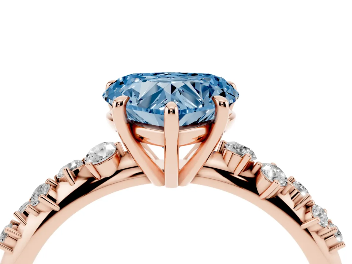 Fancy Blue Heart Cut Diamond Cluster Side Stone Solitaire Ring with Prong Setting Rose gold