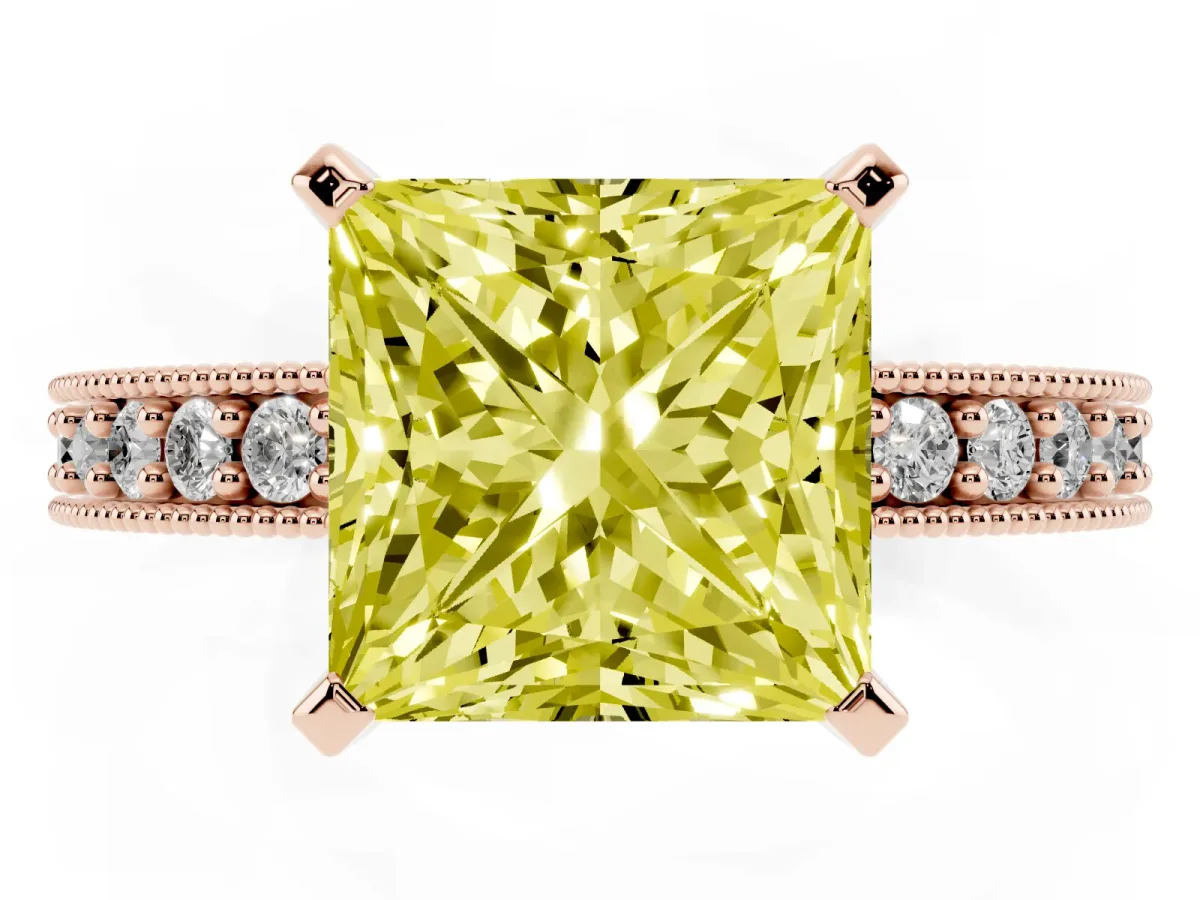 Fancy Yellow Princess Cut Diamond Milgrain Pavé Engagement Ring with Four-Prong Setting Rose gold