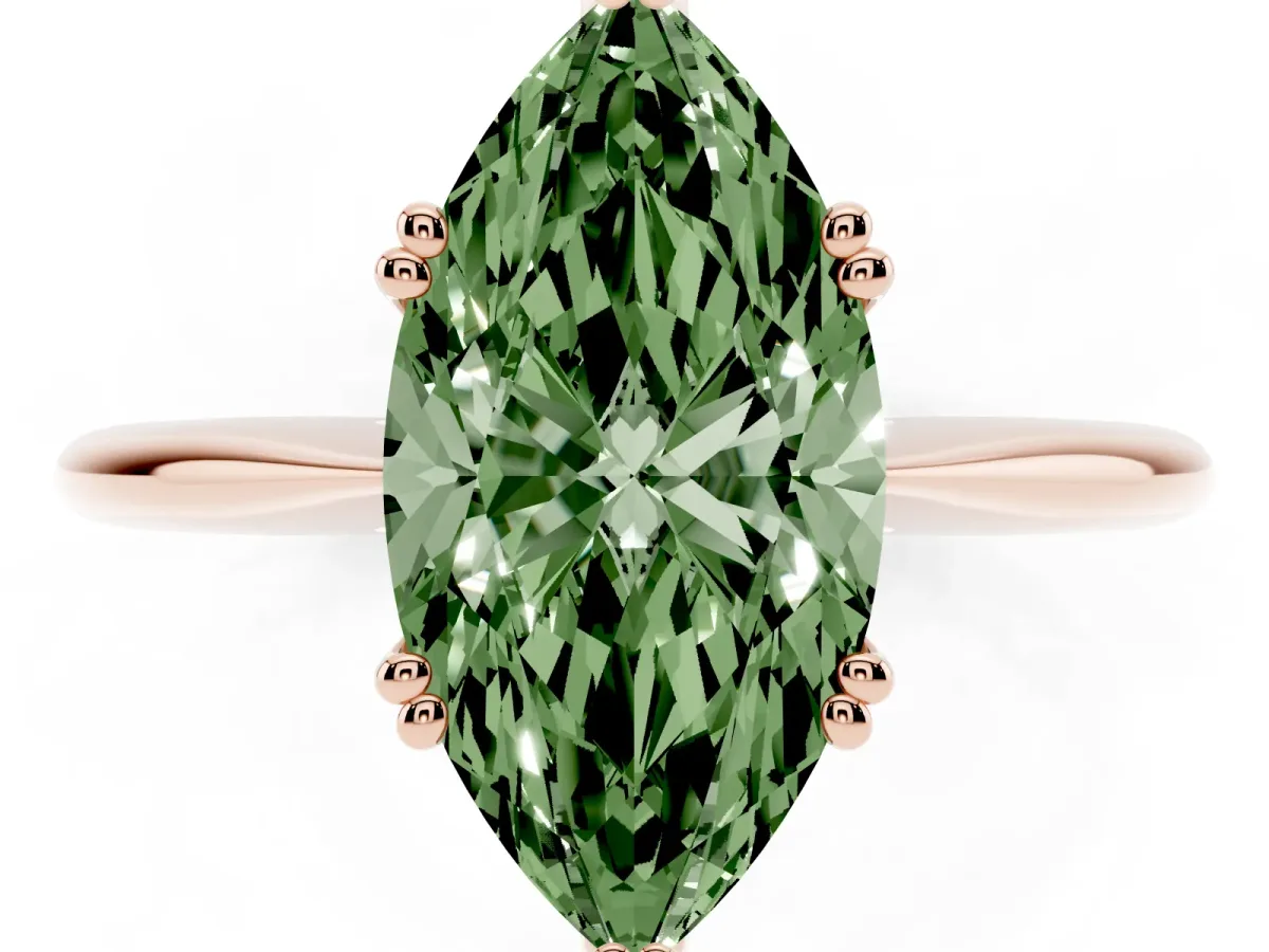 Fancy Green Marquise Cut Solitaire Diamond Ring with Six-Prong Setting and Classic Band Rose gold