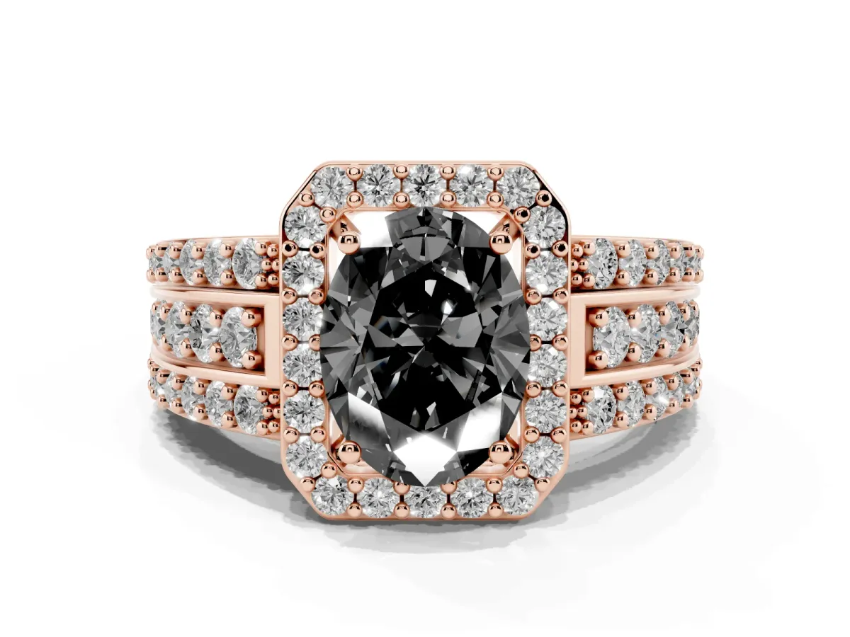 Fancy Black Oval Cut Halo Diamond Ring with Round Split Shank and Prong Setting Rose gold
