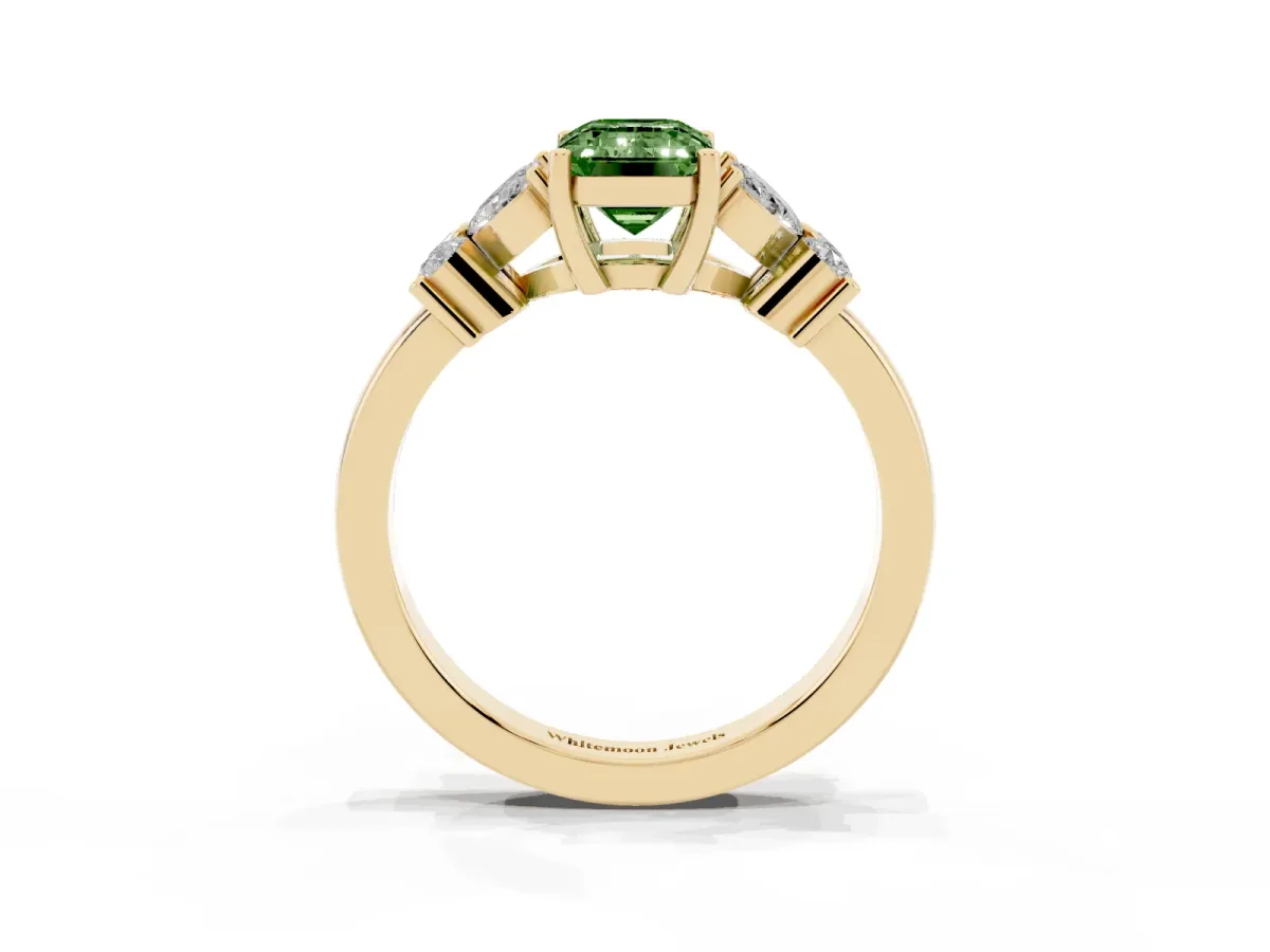 Fancy Green Emerald Cut Diamond Floral Cluster Ring with Solitaire Band and Prong Setting Yellow gold