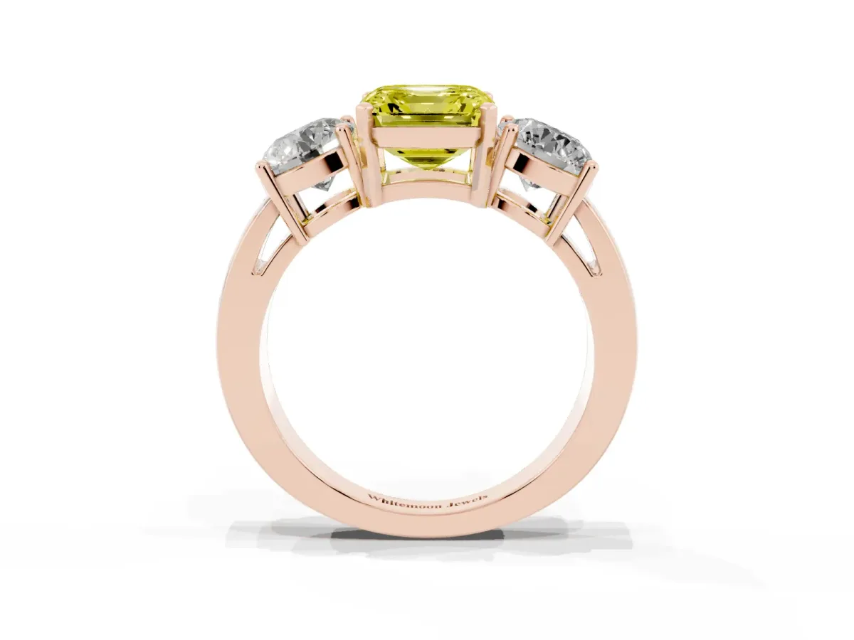 Fancy Yellow Three-Stone Asscher Cut Diamond Ring with Round Side Stones, Classic Band, and Four-Prong Setting Rose gold