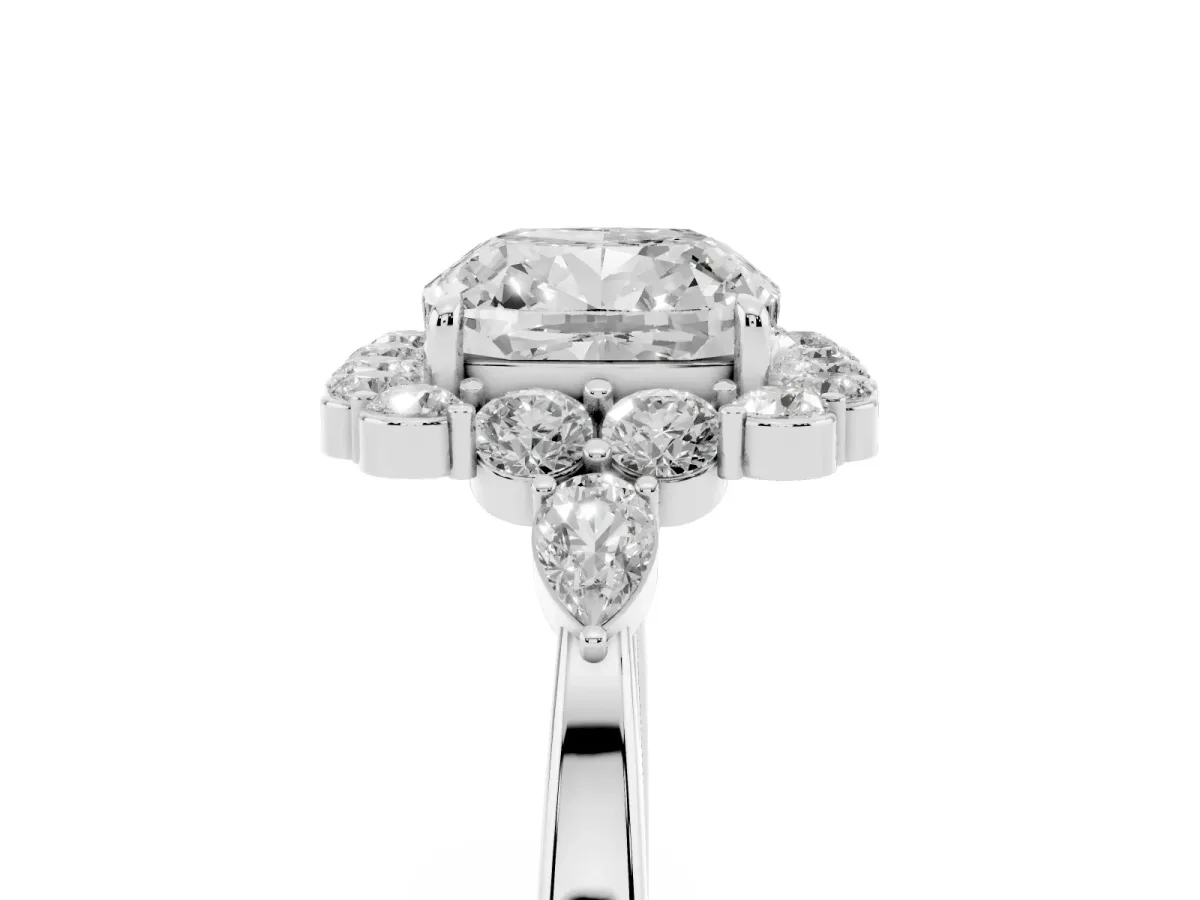 Cushion Cut Diamond Halo Ring with Pear Side Stones and Prong Setting Silver
