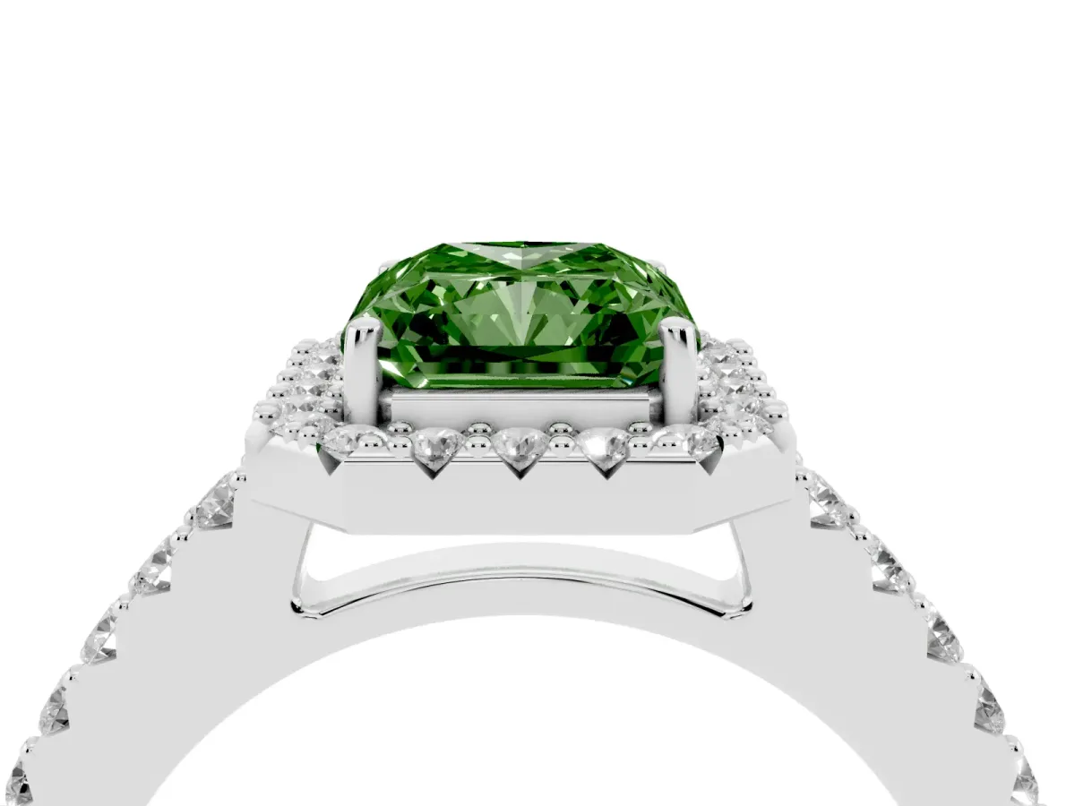 Fancy Green Radiant Cut Halo Diamond Pavé Solitaire Ring Silver