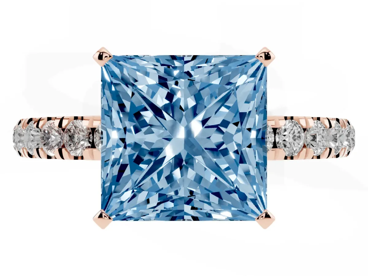 Fancy Blue Princess Cut Diamond Solitaire Ring with Pavé Accents and Four-Prong Setting Rose gold